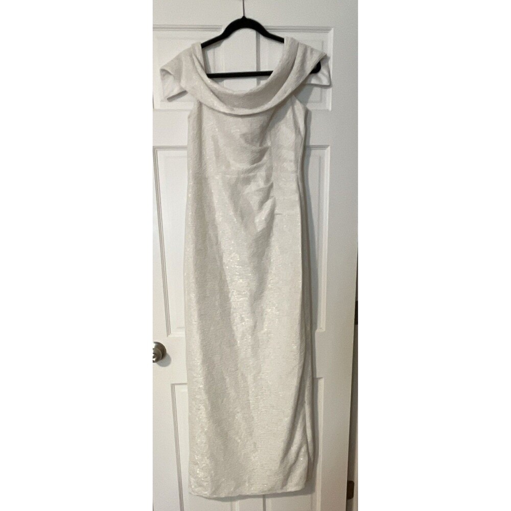 MARINA White Gown Size 10 Drape Neck Off Shoulder Floor Length Formal Dress